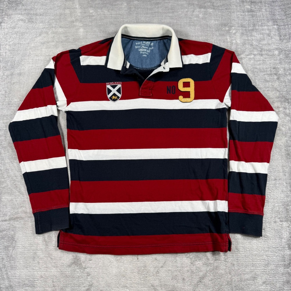 Pepe Jeans Shirt Mens Large Red Striped Long Sleeve Rugby Polo Crest Y2K Crest